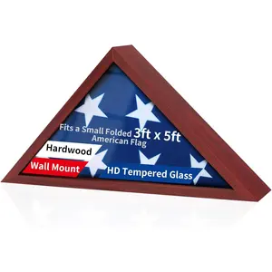 3'x5' Flag Display Case (Not for 9.5'x5' Burial Flag), Wooden Flag Shadow Box for Military Veterans with HD Tempered, Wall-Mounted Flag Frame, Mahogany