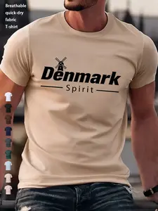 Denmark Spirit Windmill Art Print Men's Crew Neck Short Sleeve T Shirt Quick Dry Breathable Sweat Wicking Summer Casual All Match Gym Workout Daily Wear Minimalist Trend 9 Colors Available Lightweight Skin Friendly Trendy Men's Summer Clothing Essentials