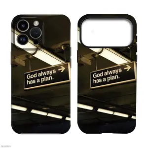 Sign With God Always Has A Plan In Subway Style Pattern Shockproof Phone Case for iPhone 17 Pro Max, 17 Air, 16 Plus, 15, 14, 13, 12, 11. Features A Soft Silicone Inner Case and Durable Hard Plastic Outer She