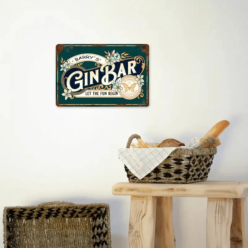 Custom 8x12in Lightweight Aluminium Wall Tin Sign - Personalized Gin Bar Name, Vintage Farmhouse Home Decor, Retro Collectible Gift for Dining Room Kitchen