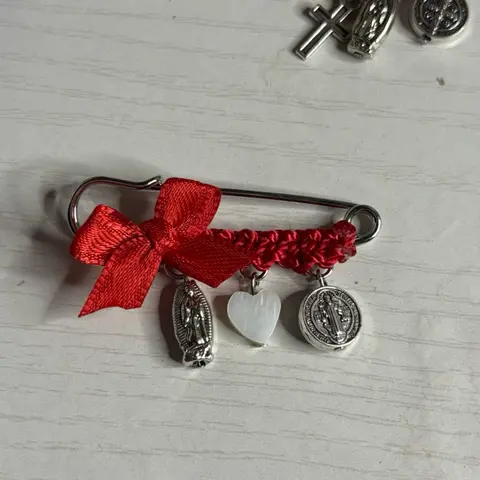 Silver Pregnancy Pins with Red Ribbon and Heart Charm Decorative Accessories