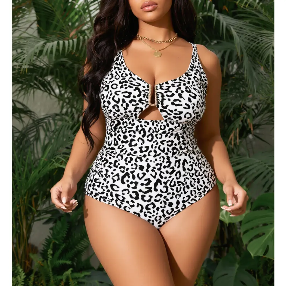 Women's Plus Size Leopard Print 2-Piece Tankini Swimwear - High Stretch Knit Crop Top with Cutout Ring & Wireless Bra, High Waist Bottoms for 2XL-3XL Sizes, Chiffon, Knit Fabric