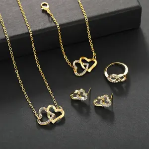 5-piece jewelry set, consisting of one ring, one necklace, one bracelet, and one pair of earrings. Featuring a double layered hollowed out heart-shaped design and inlaid with tourmaline, Valentine's Day and birthday gifts  necklace  for  women Love