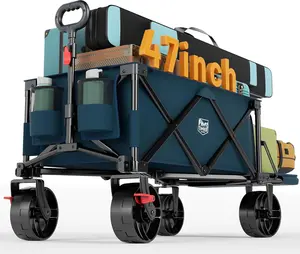 47" L Collapsible Wagon with Tailgate & Brake, 300 lbs Heavy Duty Beach Wagon with All-Terrain Big Wheels, 250L Foldable Utility Cart for Sand Camping Sports Shopping