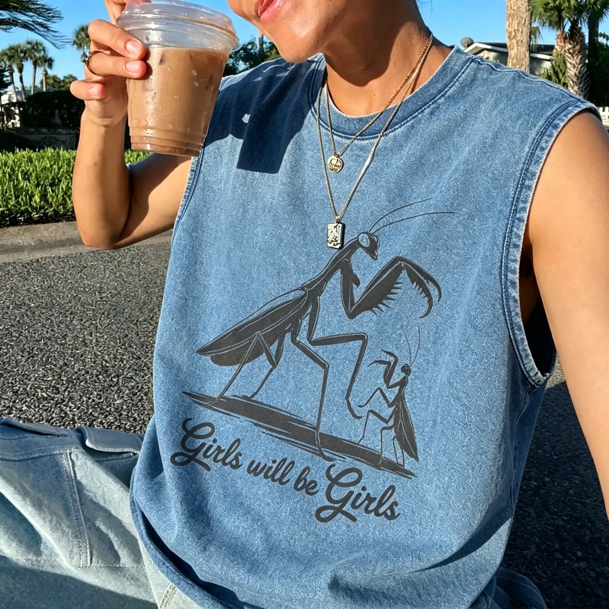 Vintage Washed Sleeveless T-Shirt, "Girls Will Be Girls" Funny Mantis Print Tank Top, Unisex Retro Insect Graphic Vest, Grunge Aesthetic Streetwear for Men Women Fit Casual Womenswear Breathable