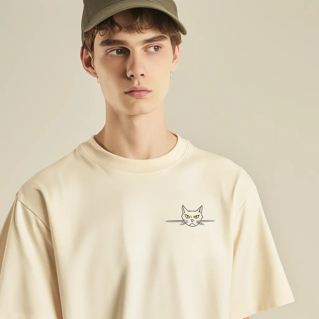 Minimalist Cream T-Shirt with Cat Face Graphic - Unisex Casual Wea Breathable Cotton Top Classic Day