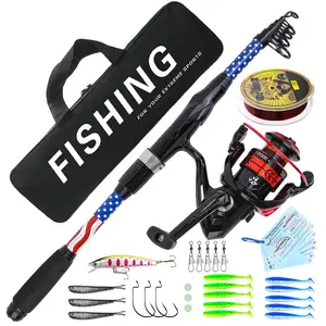 1.8m Telescopic Fishing Rod Reel Set, American Flag Design, Includes Soft Bait Hard Bait Hooks Line, Portable for Beginners Family Outdoor Fishing
