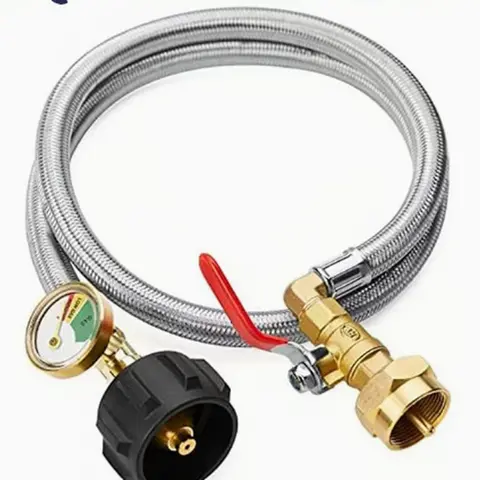 Sol Luma 3ft Stainless Steel Propane Refill Adapter LPG Hose with Pressure Gauge, Shut-Off Valve Safety Control, Tank Fitting for 1lb/20lb LPG Tanks, Outdoor Camping & Grill Use, 3Ft Stainless Steel Hose