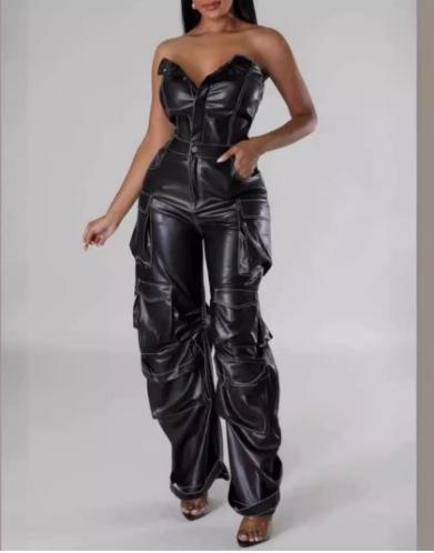 Women's Sexy Off Shoulder Tube Denim Cargo Jumpsuits Wide Leg Baggy Loose Jean Pants Rompers Overalls