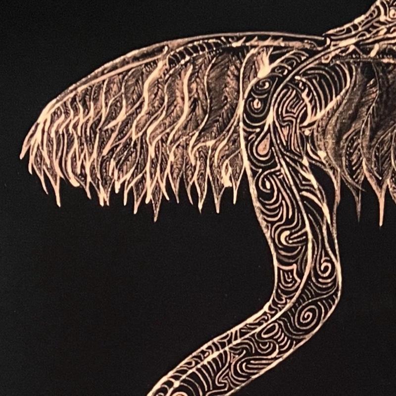 Women's  Short sleeve XL T-shirt Dress with Flying Serpent Design Hand Drawn with Bleach Artwork on Black dress with pockets