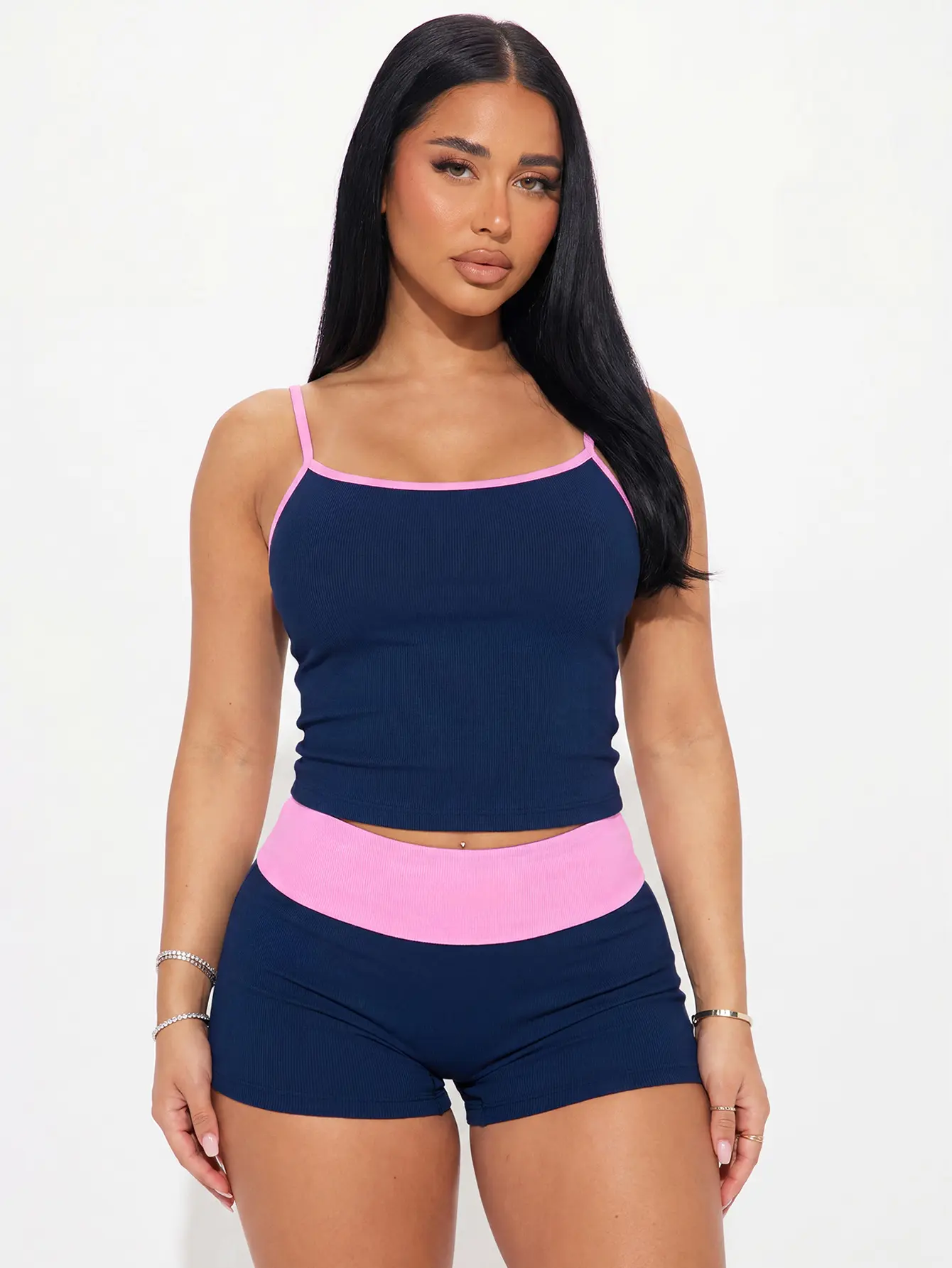 Women's 2-Piece Ribbed Yoga Set,  American Retro Color-Block Contrast Piping, Square Neck Camisole Crop Top & High-Waisted Fitted Shorts - Slim Fit Athletic Casual Outfit for Spring/Summer, Ideal for Everyday Wear, Home, 2 Piece Sets, Workout Sets Women