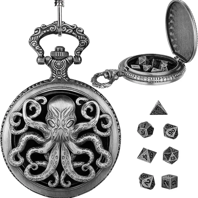 Unisex 7-Piece Solid Zinc Alloy DND Polyhedral Dice Set with Vintage Cthulhu Art Pocket Watch Case - Dice for Board Games, Tiny Tabletop Role Playing Gear (Ages 14+), Unique Adult Gift