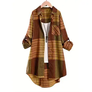 Plus Size,  Size Casual Plaid Shirt - Loose Fit Long Sleeve Button-Up with Front Pocket, Non-Stretch Fabric, All-Season Wear, Green & Brown Grid Pattern, Machine Washable for Casual Attire, Relaxed Outfit, Breathable Fabric, Relaxed Style Top Womenswear