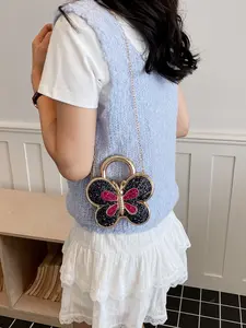 Blue & Gold Glitter Butterfly-Shaped Metal Chain Bag, Detachable Strap, Handheld & Crossbody Purse, Stylish Fashion Accessory