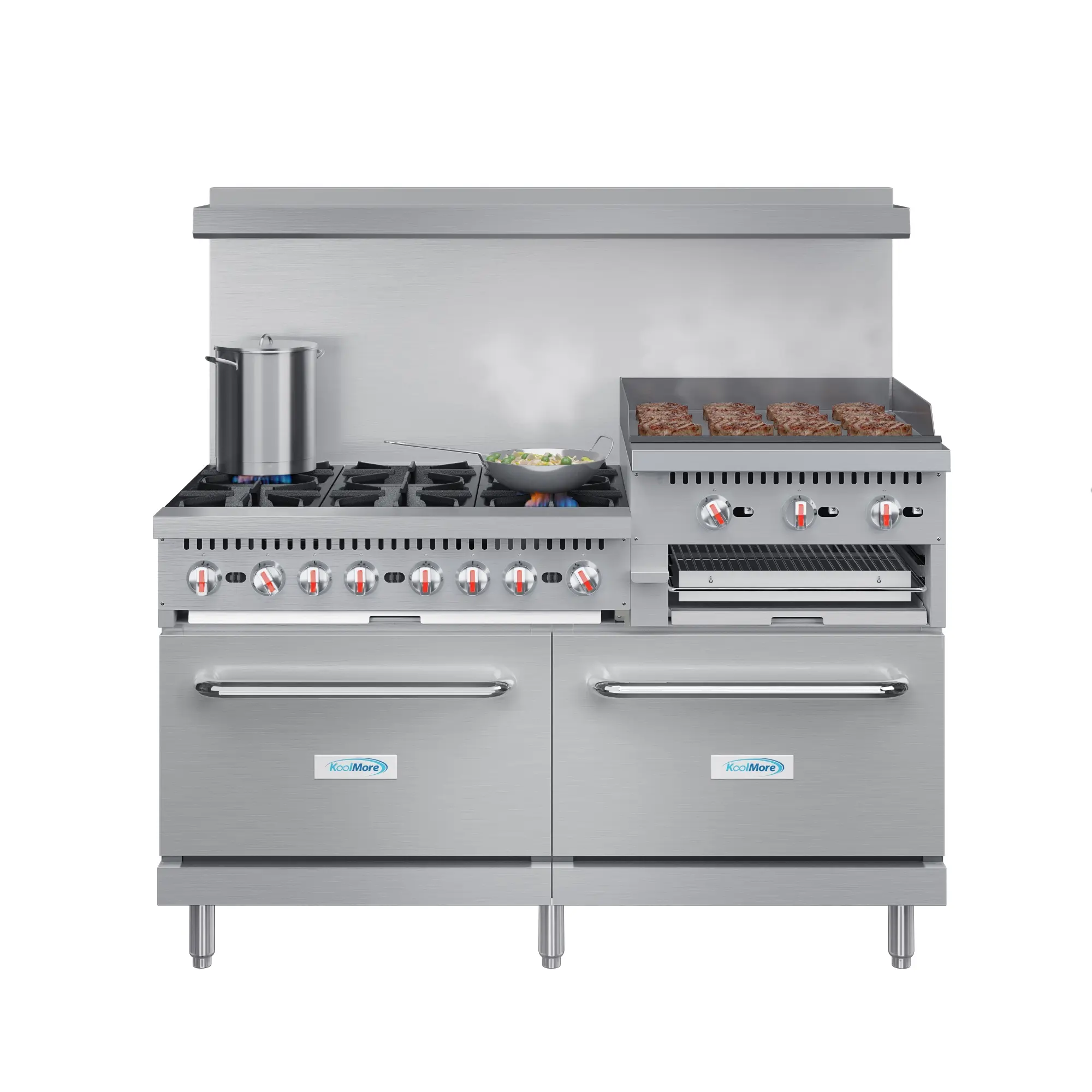 60-inch Commercial Natural Gas Range with 6 Burners, 24-inch Griddle, Broiler, Dual Ovens, Easy-to-Clean Unit for Cooking (KM-CRGB60-NG) - Includes Backsplash, High-Performance