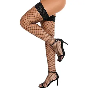 Women's Lace Top Fishnet Thigh-High Stockings with Antiskid Silicone Sexy Stay Up Tights Pantyhose