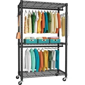 P1 Heavy Duty Garment Rack, 3 Tiers Adjustable Rolling Metal Closet Organizer with Lockable Wheels, FreeStanding Wardrobe with Double Hanger Rods & 1 Pair Hooks, Max Load 450 LBS, Black