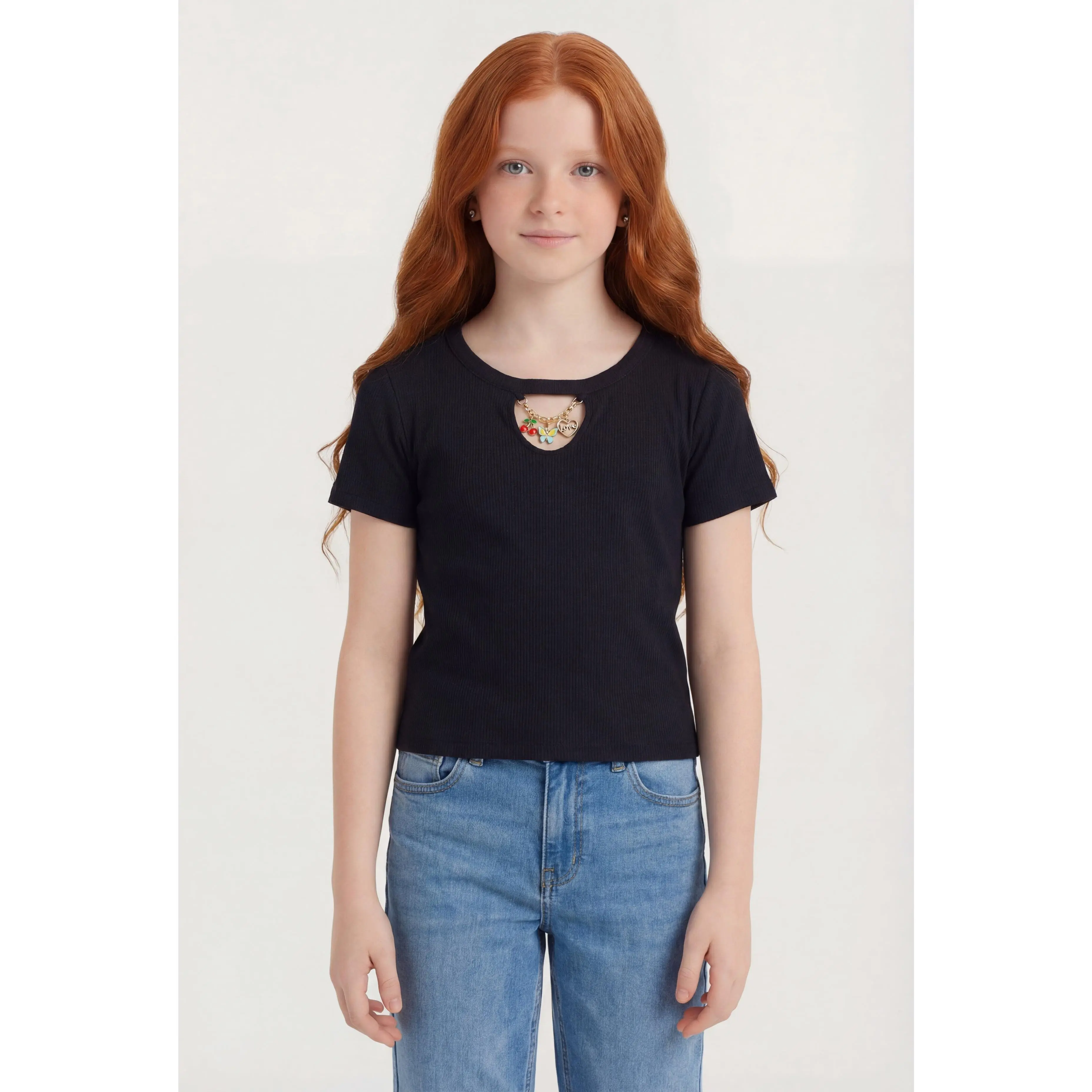 Girls Rib Knit Charm Detail Keyhole Neckline Tee