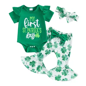 Newborn My First St Patrick's Day Baby Girl Outfit Short Sleeve Romper Shamrock Flared Pants Set Infant Clothes