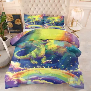 3Pcs U-Shape Quilted Comforter Set, HD Printed Dinosaur Rainbow Bedding with 200GSM Fill, Soft Comfortable All Season Bed Quilt Set for Kids Boys Bedroom