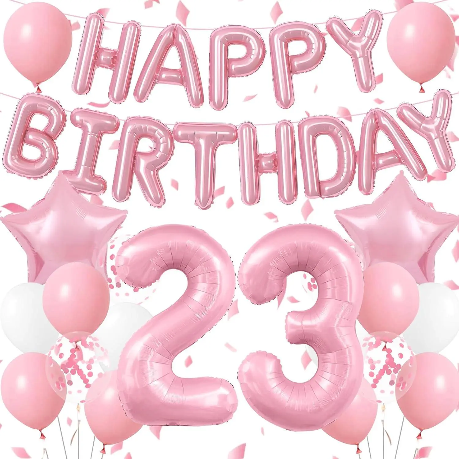 Pink Birthday Decorations, 23 Number Balloons, Happy Birthday Balloon Banner White Pink Confetti Balloons Star Foil Balloon For 23Rd Birthday Decorations For Women Men