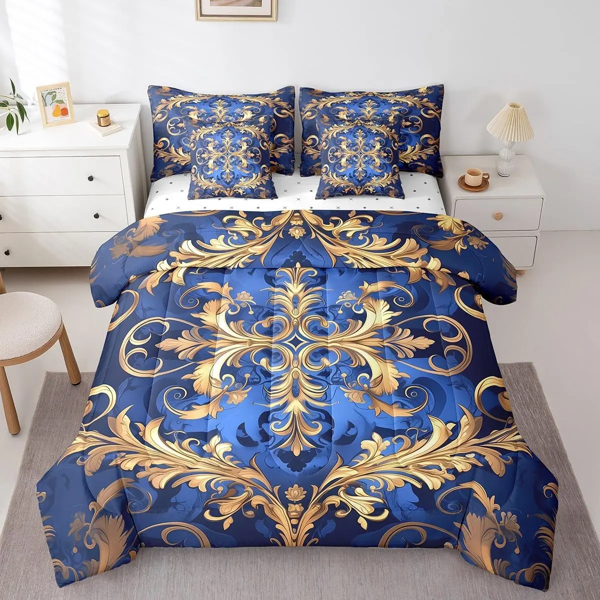 Boho Damask Bedding 7Pcs Vintage Flower Comforter Set,Navy Blue Gold Bed in A Bag Golden Luxury Comforter Set with Sheets,Exotic Royal Floral Bed Sheets Set,Lightweight