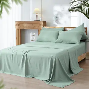 Cooling King Size, Rayon Derived from Bamboo  Polyester, 6PCS  Wrinkle Free Silky, Wider Elastic Band, 16" Deep Pocket  Pillowcase, Sage Green