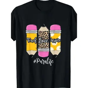 Teach Loves Inspire Para Life Paraprofessional Teacher Pattern Mens T- Shirt - Stylish & Comfortable Short Sleeve Crew Neck Tee for Summer Outdoors - Lightweight, breathable, Trendy Design