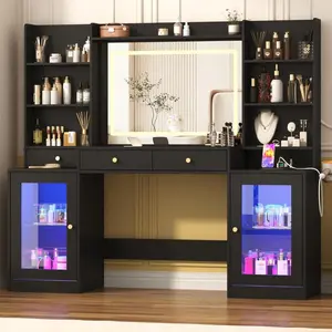 62"/47" Large Black Vanity Desk w/ Tempered Glass Top,60000-color LED Lights,Power Outlet, Make up Vanity w/ 3 Lights Mode LED Mirror,  Drawers, RGB Cabinet LEDs Vanitys Table for Women,Girls Bedroom