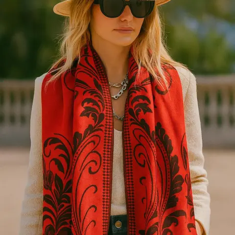 Women's Reversible Floral Print Scarf - 78"x27" Acrylic Oversized Boho Basic Shawl, Soft Lightweight Fabric, Intricate Design, Fringed Hem, One Size Fits All Layering Accessory for All Seasons, Engagement, Birthday