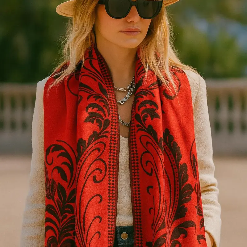 Women's Reversible Floral Print Scarf - 78"x27" Acrylic Oversized Boho Basic Shawl, Soft Lightweight Fabric, Intricate Design, Fringed Hem, One Size Fits All Layering Accessory for All Seasons, Engagement, Birthday
