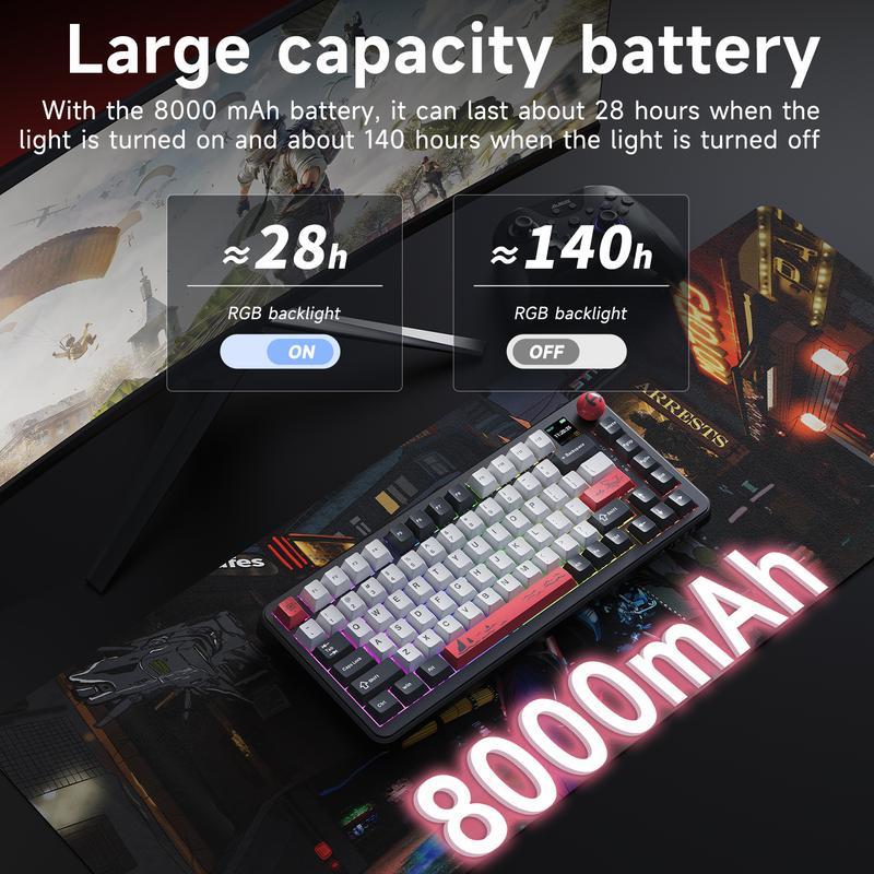 AJAZZ AK820 MAX PLUS Wireless Mechanical Keyboard with TFT Screen & Knobs Gasket Architecture 3-mode 75% Hot Swappable Gaming PC Mac Linux Compatible Avocado Stalk Gift Ideals (Black Shark Red) Hot-Swappable Gaming Keyboard keyboar green  switch  keyboard