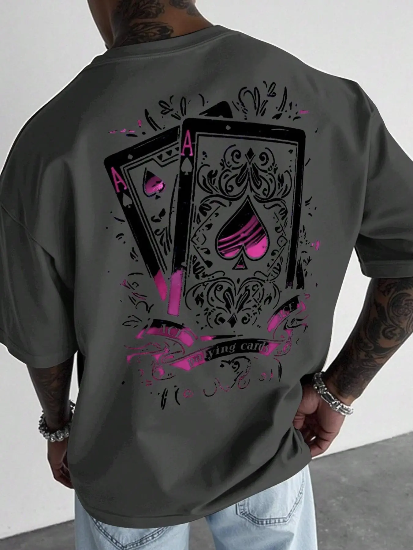 Men's Short Sleeve Round Neck T-Shirt, Poker Card Pattern, Summer Casual Daily Wear, Graphic Print, Fitted H-Type, Long Clothing Length, Menswear Streetwear, Casual Printed
