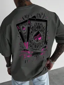 Men's Short Sleeve Round Neck T-Shirt, Poker Card Pattern, Summer Casual Daily Wear, Graphic Print, Fitted H-Type, Long Clothing Length, Menswear Streetwear