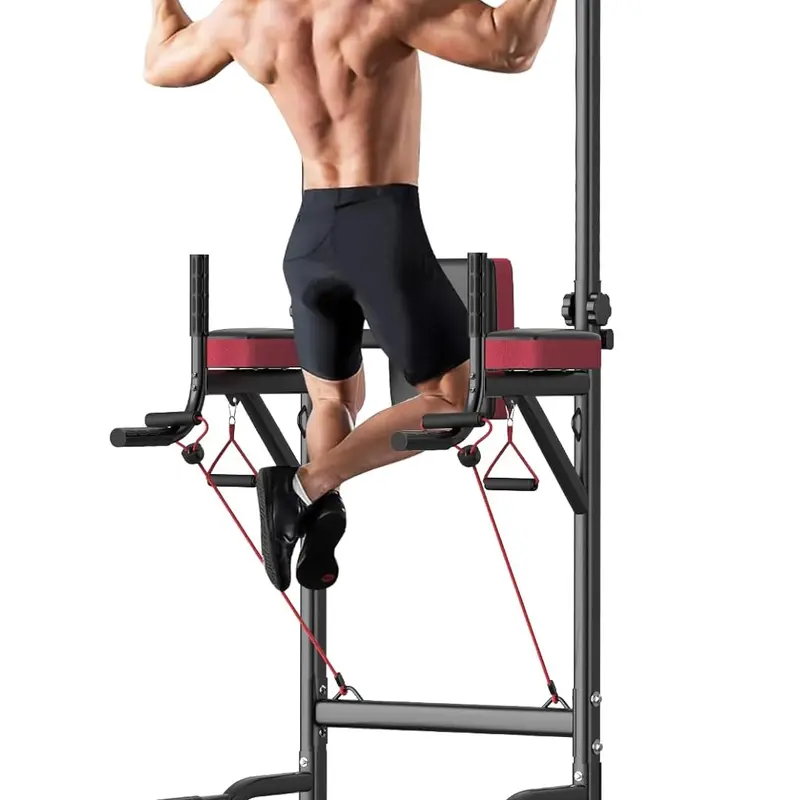Freestanding Power Tower Pullup Bar - Heavy-Duty Durable Steel-Rubber Adjustable Height Dip Station, Compact H-Base 220cm*106cm*94cm Home Gym Machine for Unisex Teens Upper Body Training, Space-Saving for Apartments, 12 Months Support