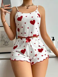 Two-piece Set Women's Heart Print Cami Top & Lettuce Trim Shorts Pyjama, Casual Comfy Adjustable Spaghetti Strap Camisole & Shorts Sets, Valentine's Day Gift, Ladies Summer Sleepwear Womenswear Lingerie Comfort Loungewear Homewear Pjs Red And White