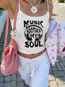 Women's Music Print Slim-Fitting Cami Top, Sexy Adjustable Straps, Perfect for All Seasons, Casual Wear for Stylish Ladies