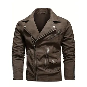 Men's PU Leather Lapel Thermal Jacket with Zipper Pocket - Perfect for Fall and Winter Outdoor Activities
