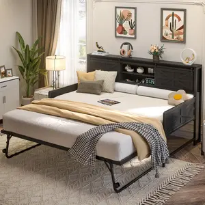 Unikito Farmhouse Twin Daybed with Pop-up Trundle Bed and Sliding Barn Door Design Headboard，Heavy Duty Metal Sofa Bed Frame with Charging Station