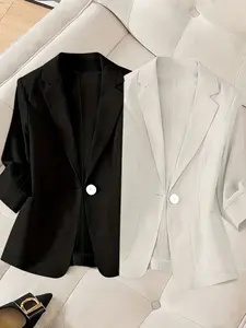 Women's two-piece plain color fitted single-breasted double-pocket half-sleeve five-point suit jacket, suitable for spring and summer suitable for commuting outfit.
