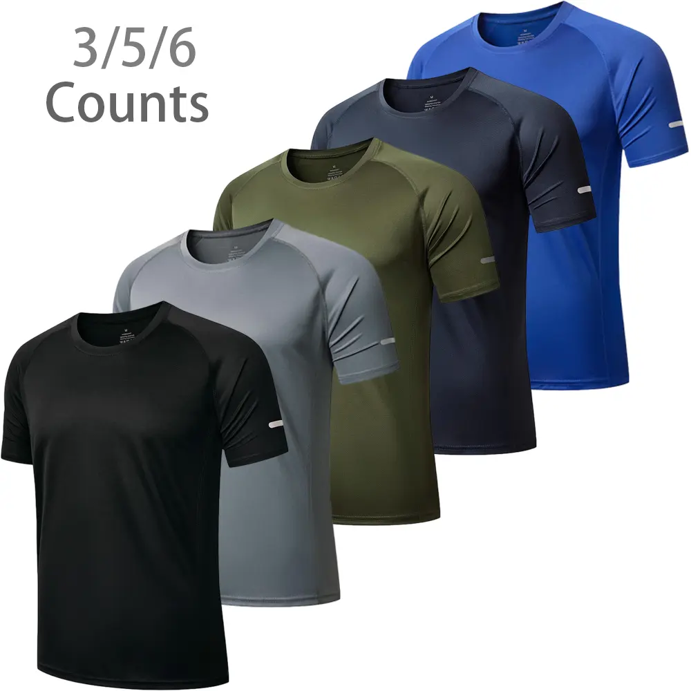 Men's 3/5-Pack Plain Polyester Sport T-Shirts, Breathable Crew Neck Quick-Drying Activewear with Reflective Strips for Gym Workouts, Gym Aesthetic, Fathersday Gift, Athletic Top, Short Sleeve, Fit Inspo