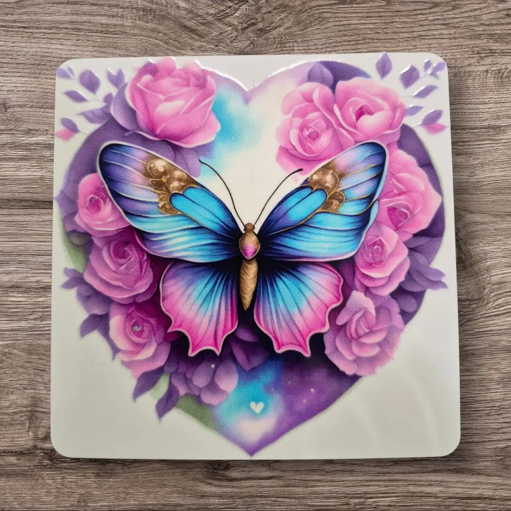 Butterfly Metal 3x3 Magnet with Vibrant Blue Butterfly and Pink Rose Heart Design for Decorative Use