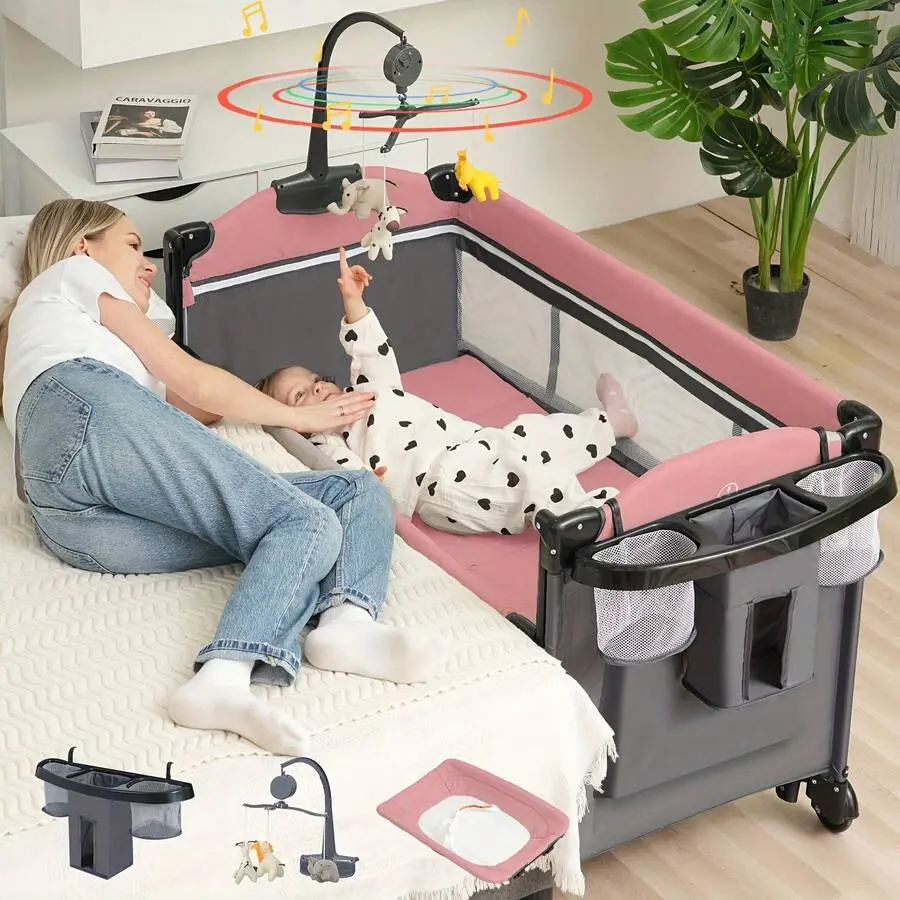 Portable 5-in-1 Baby Playpen - Foldable Travel Playpen with Diaper Changer, Music, Storage & Bassinet, for Newborn to Toddler, Playpen With Bassinet