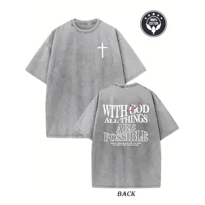 Men's Heavyweight 230gsm Cotton Vintage Washed T-Shirt - Dual-Sided "with God All Things Possible" & Cross Print, Loose Fit Hip Hop Streetwear, Round Neck Short Sleeve Casual Tee for Casual Attire, Ribbed Neckline Shirt #Summervibes