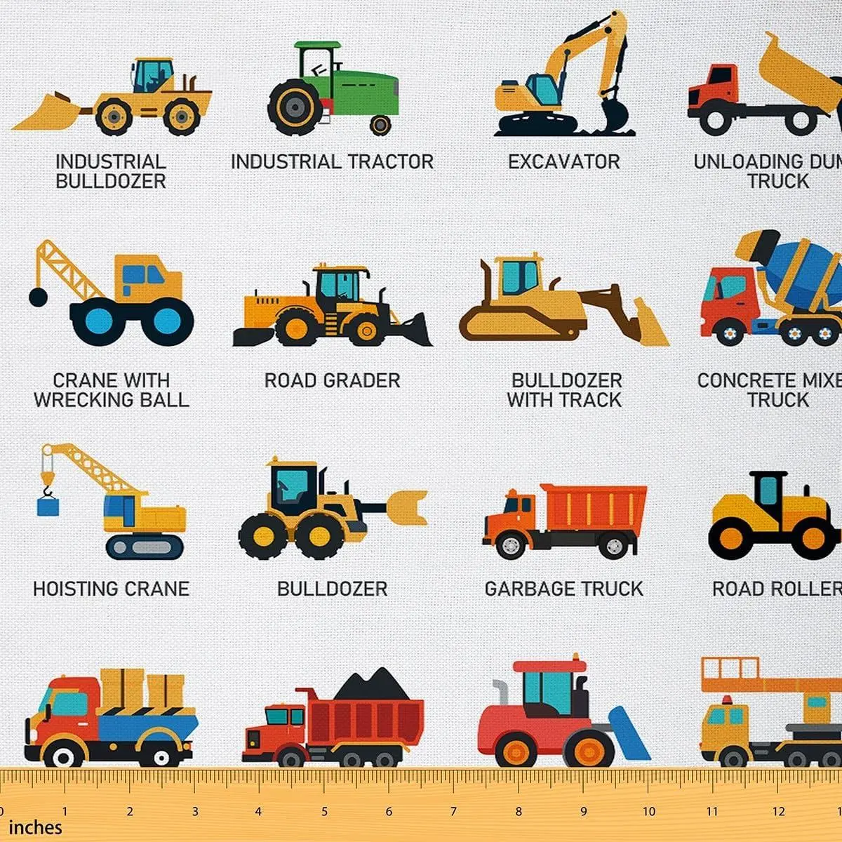 Construction Site Cars Fabric,Equipment Trucks Upholstery Fabric Chairs,Heavy Machinery Cars Decorative DIY Projects,,Yellow Orange
