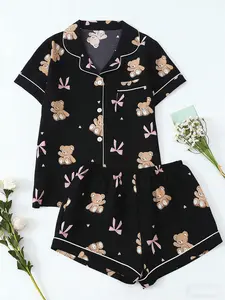 Women's Bear Print Short Sleeve Pajama Set, Casual Comfy Cute Button Front Pocket Lapel Neck Top & Bow Decor Elastic Waist Shorts PJ Set, Ladies Sleepwear & Cozy Loungewear for All Seasons, Pyjamas