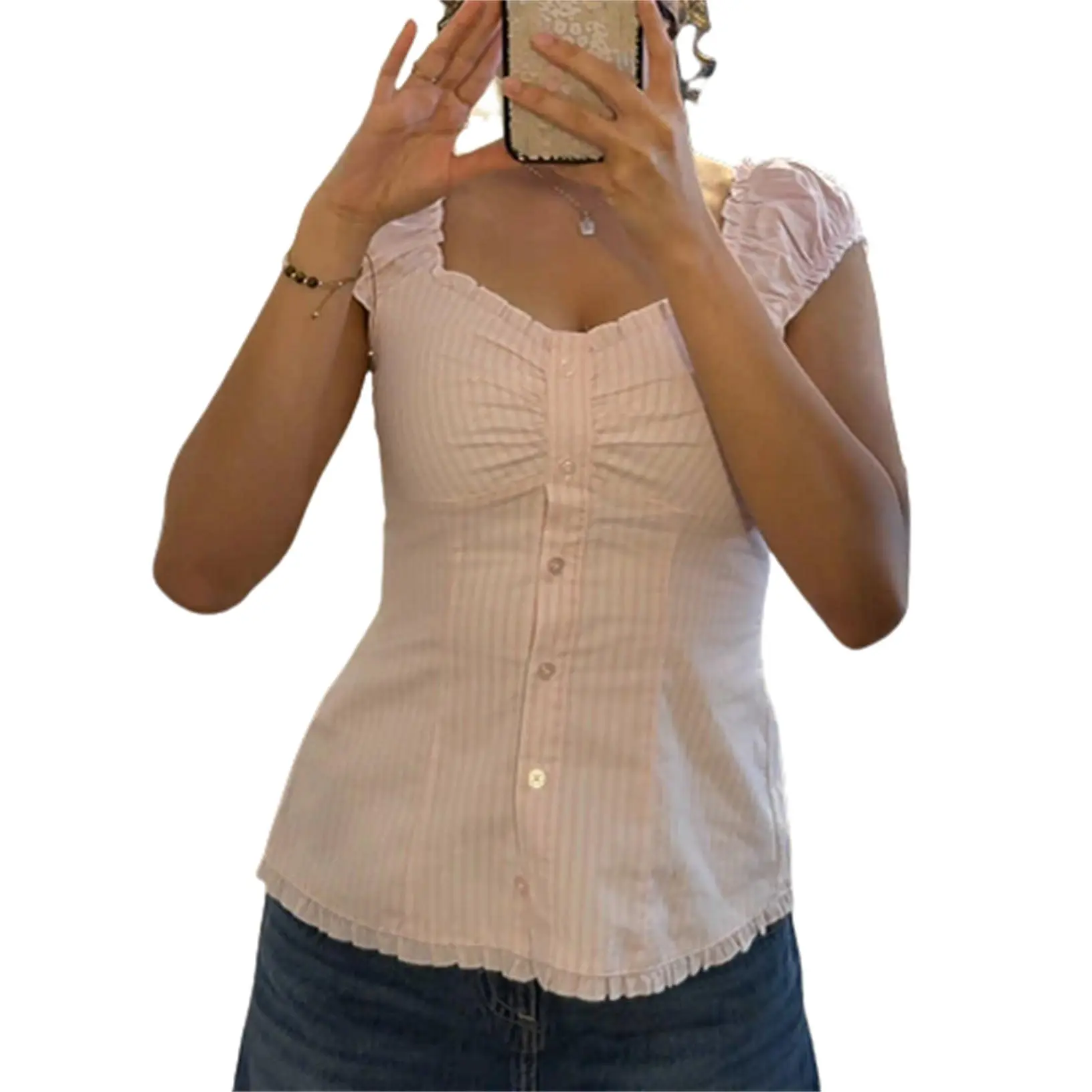 Womens Y2k Fairy Grunge Shirts Short Puff Sleeve Lace Trim Scoop Neck Button-up Blouse Ruffle Hem Babydoll Tops Going out Tops Party Streetwear