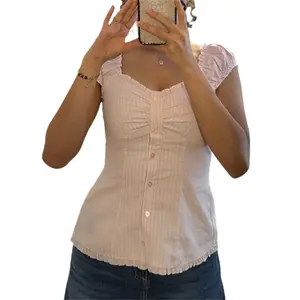 Womens Y2k Fairy Grunge Shirts Short Puff Sleeve Lace Trim Scoop Neck Button-up Blouse Ruffle Hem Babydoll Tops Going out Tops Party Streetwear
