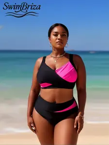 Briza｜Wrap Front Plus Size Swimwear And Plus Size Swimsuits In Black Hot Pink Color Block High Waisted Bikini Sets With Padded Bikini Two-Piece Swimsuit For Women Bathing Suit Set For Vacation Swimwear For Women And Tummy Control Swimwear