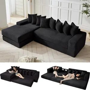 Niccae [NEW ARRIVED] [VIDEO PROVIDED] Oversize Cloud Sectional Couch, L-Shape Sofa, Convertible Floor Sleeper Sofa Bed, No Assembly,Eight pillows,3-in-1,Magazine bag,(Right Facing Sofa),Corduroy,Black